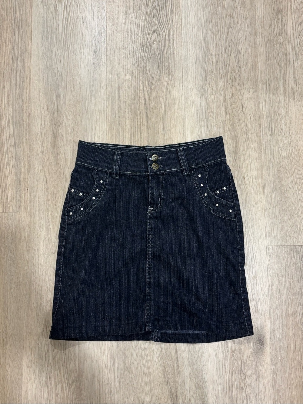 Dark Blue Denim Mini Skirt with Studded Pockets